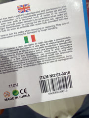 Empaque de serie navideña 03-0016, código 666888030016 y alimentación de 110 V