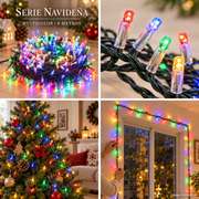Serie navideña multicolor de 8 metros: presentación, detalle de focos, árbol y ventana decorados