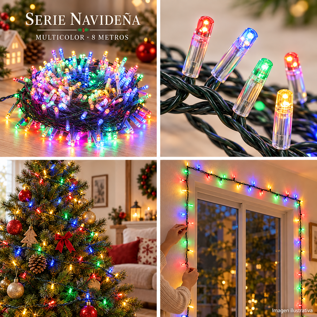 Serie navideña multicolor de 8 metros: presentación, detalle de focos, árbol y ventana decorados