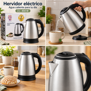 Hervidor eléctrico Gran Dragon SH001, código 1686153, de 2 litros y 800 W: producto con empaque, servicio de agua para té, ambiente de desayuno y detalle de materiales.