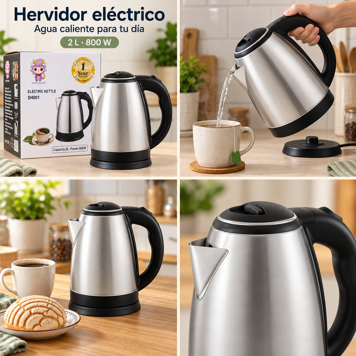 Hervidor eléctrico Gran Dragon SH001, código 1686153, de 2 litros y 800 W: producto con empaque, servicio de agua para té, ambiente de desayuno y detalle de materiales.