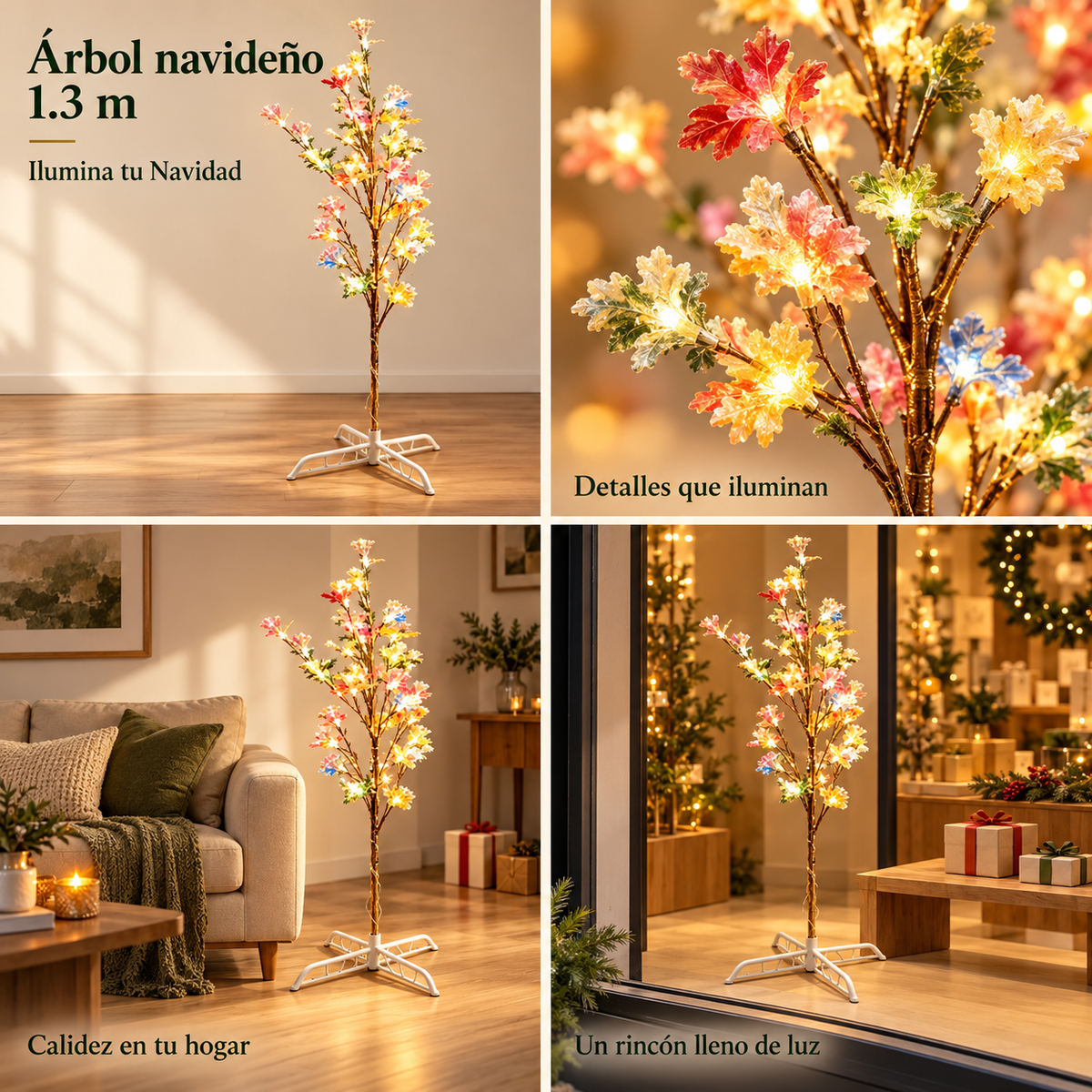 Collage del árbol navideño 1692698 de 1.3 m: vista completa, detalle de hojas multicolores y luces, ambientación en sala y escaparate.