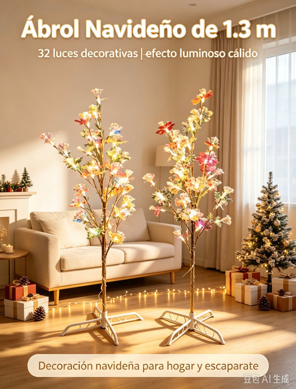 Imagen de referencia proporcionada del árbol navideño 1692698 de 1.3 m con hojas de colores, iluminación y base blanca.