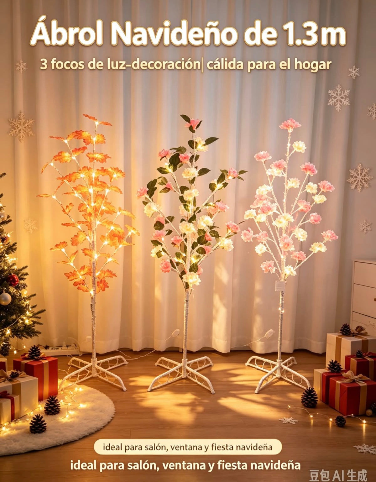 Referencia proporcionada para el árbol navideño 1692699 de 1.3 m, con tres diseños de ramas iluminadas y bases blancas en cruz.