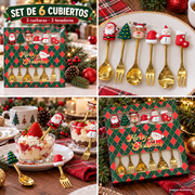 Set de 6 cubiertos navideños dorados con caja original y seis motivos decorativos