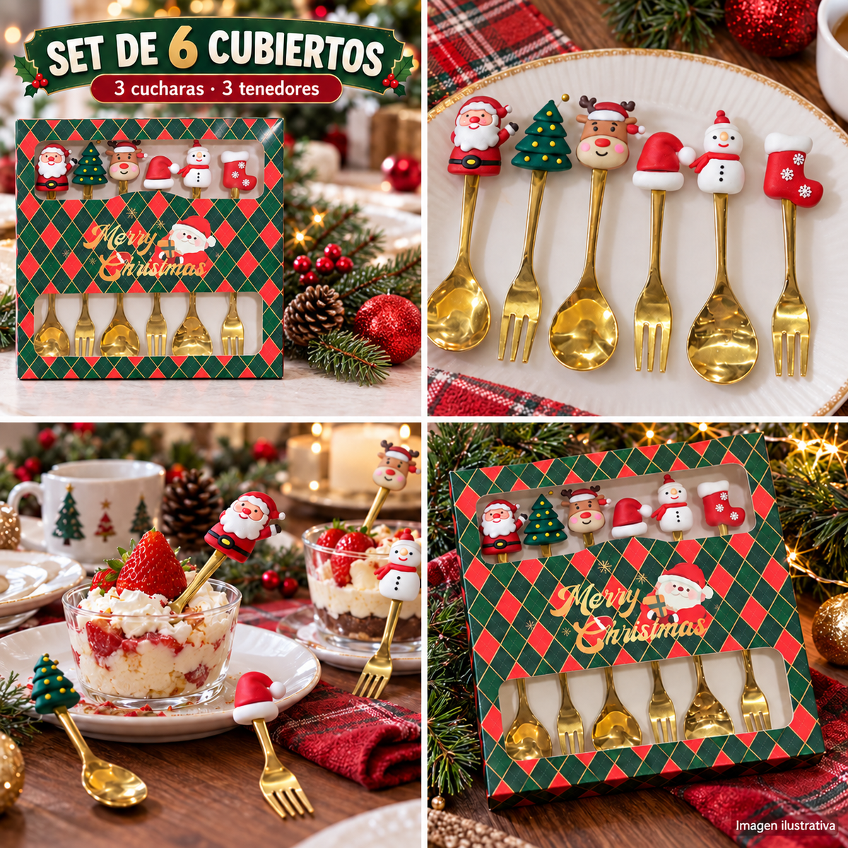 Set de 6 cubiertos navideños dorados con caja original y seis motivos decorativos