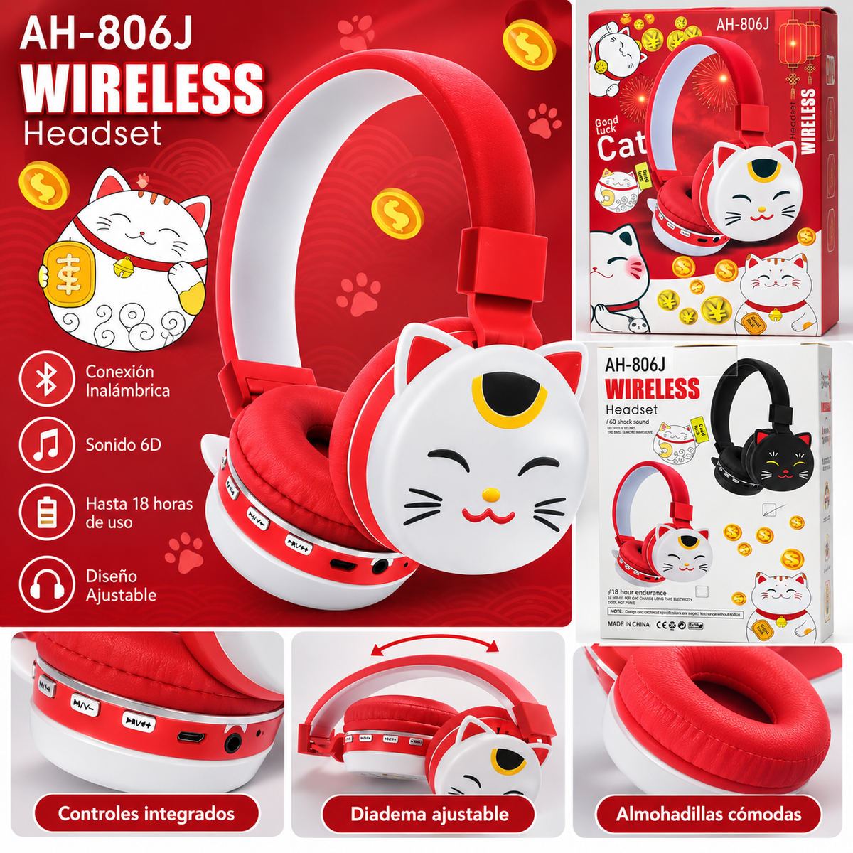 Audífonos inalámbricos AH-806J de gatito: diadema roja, cara blanca con detalles dorados, empaque y detalles del producto.