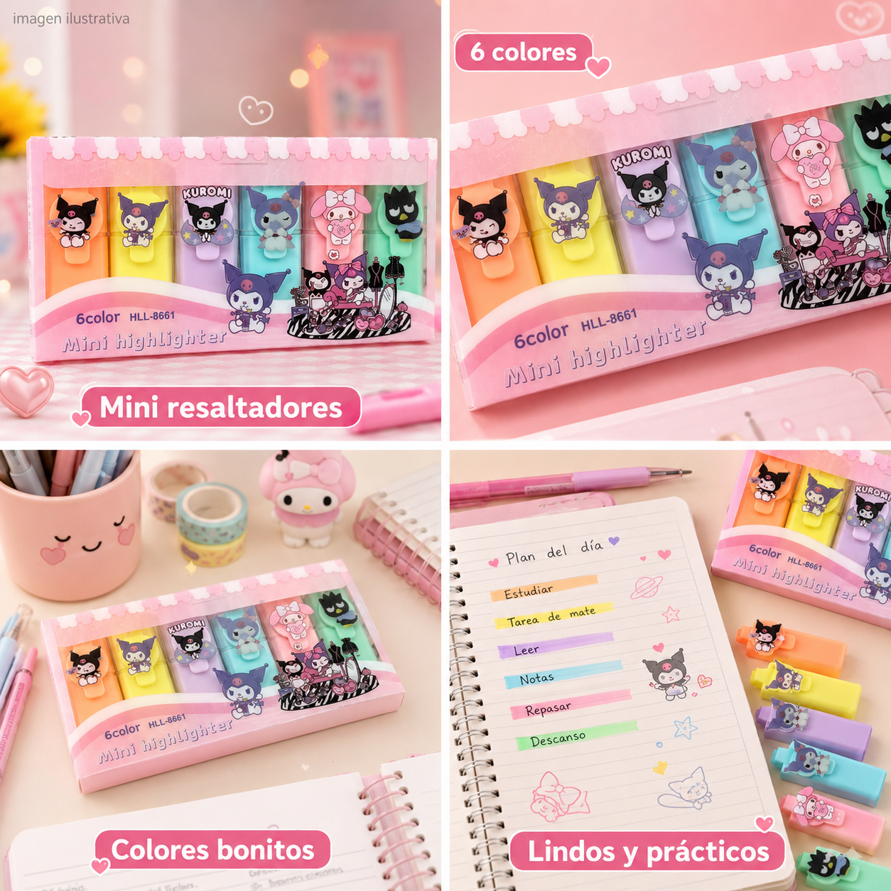 PAQUETE DE MARCA TEXTOS PERSONAJES KAWAI