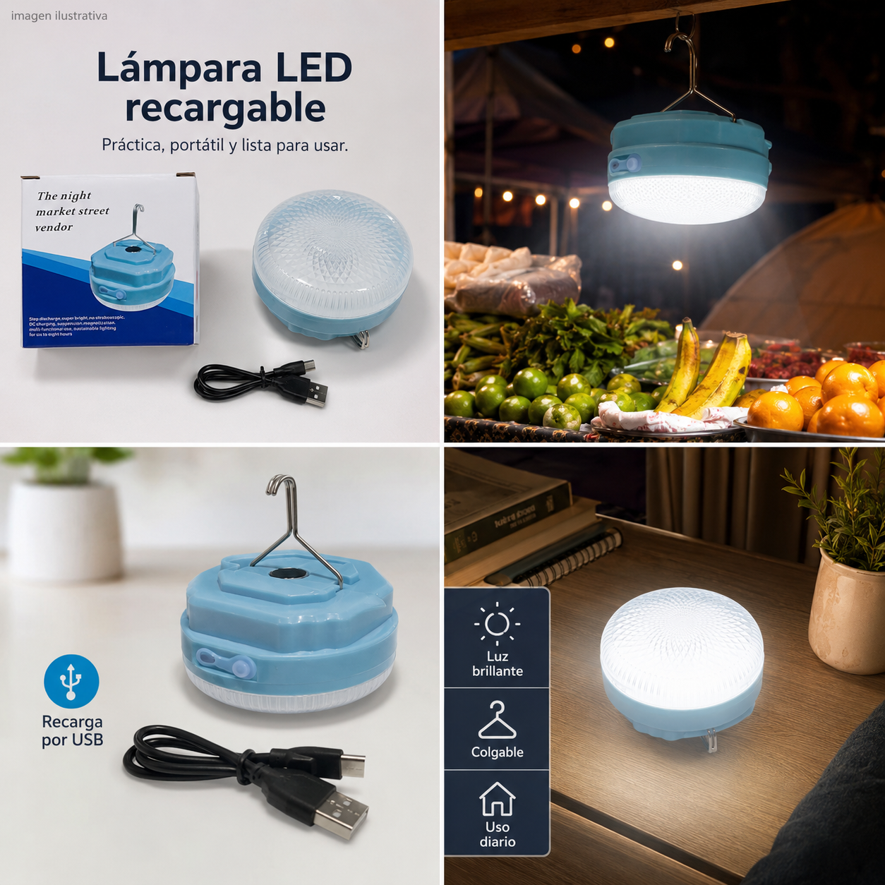 LAMPARA REDONDA RECARGABLE CON GANCHO PARA COLGAR