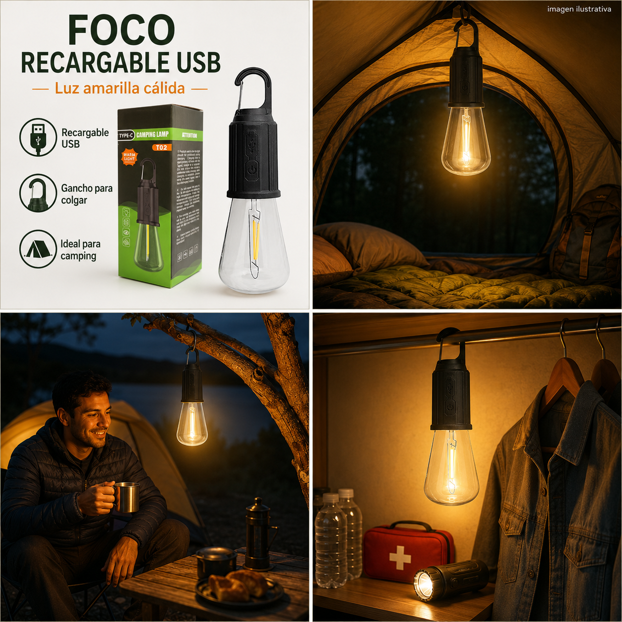 FOCO RECARGABLE USB LUZ AMARILLA