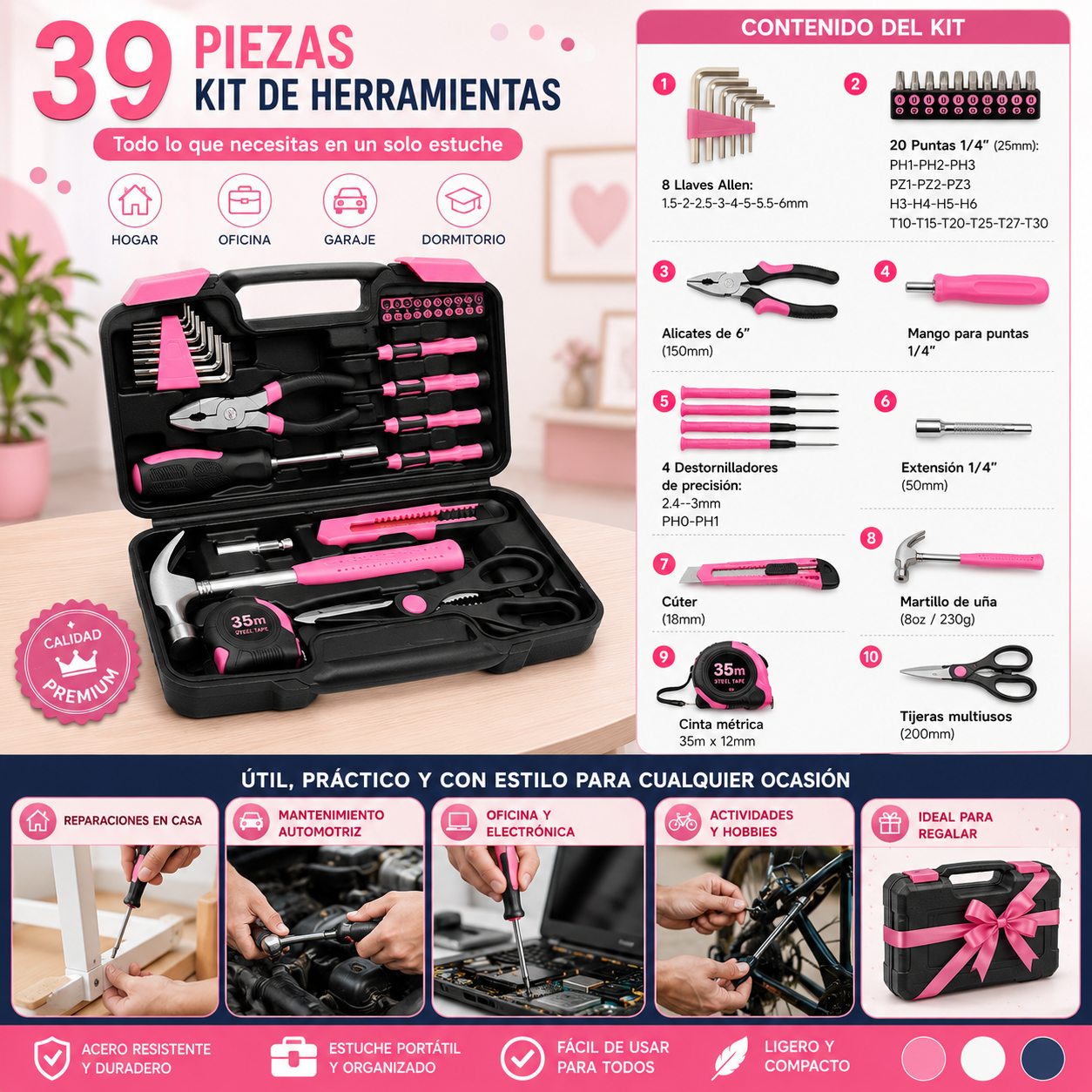 Juego de 39 herramientas para el hogar, reparación universal, kit de herramientas BÁSICO