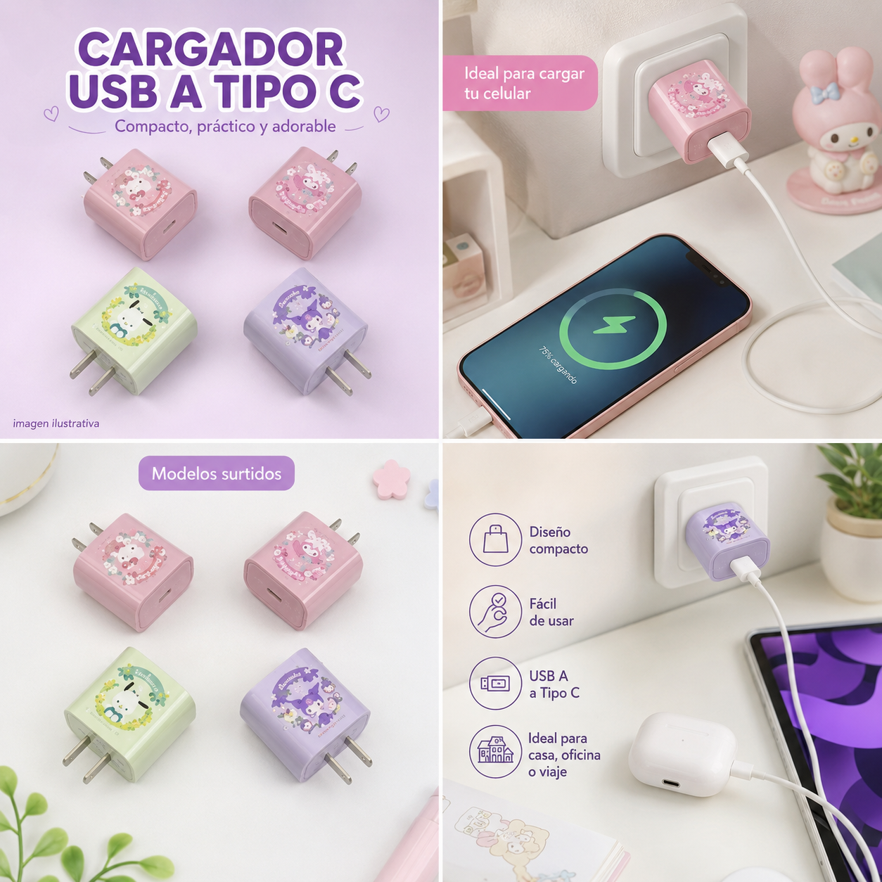 Cubo cargador USB A TIPO C 1 METRO