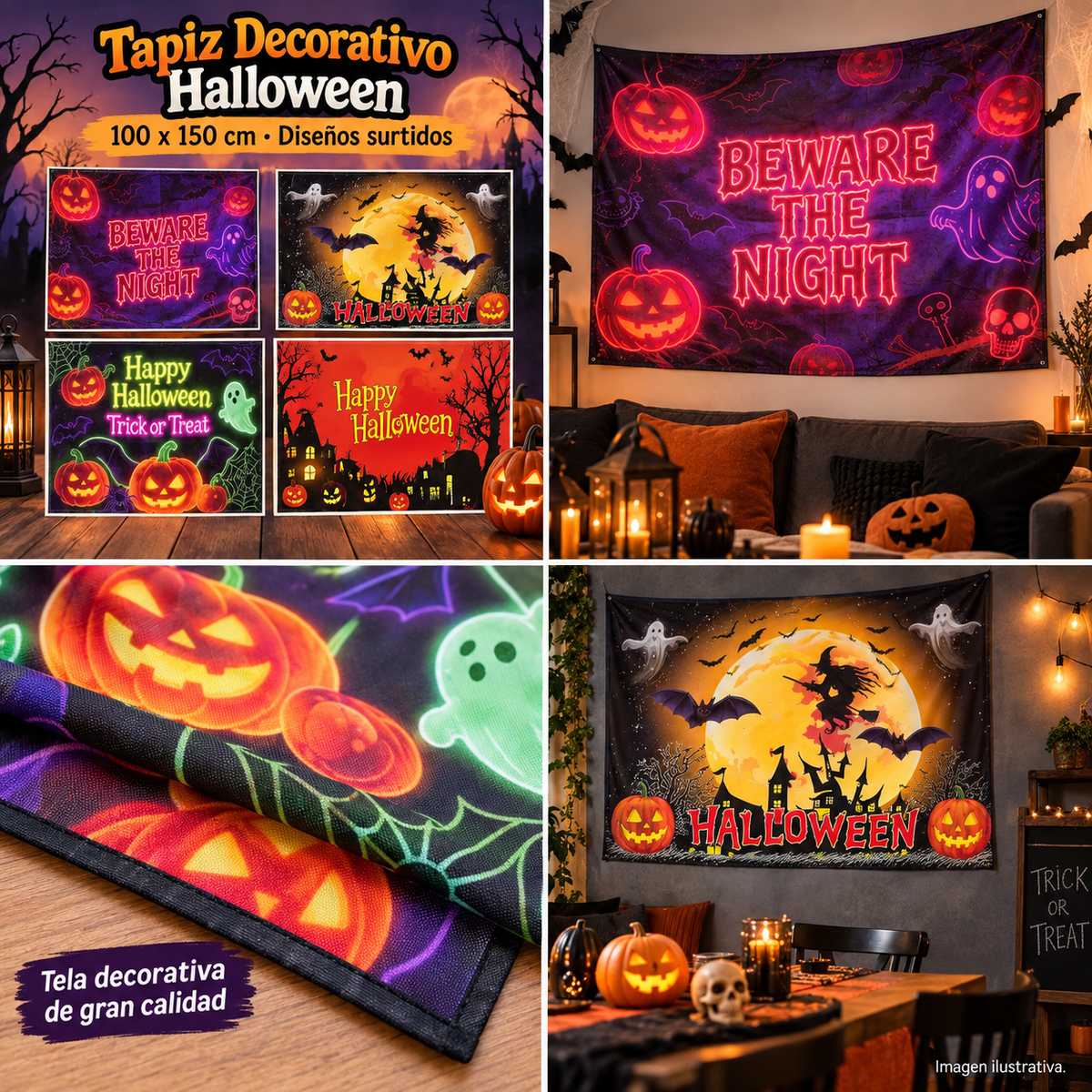 Tapiz decorativo Halloween 100 x 150 cm, diseños surtidos