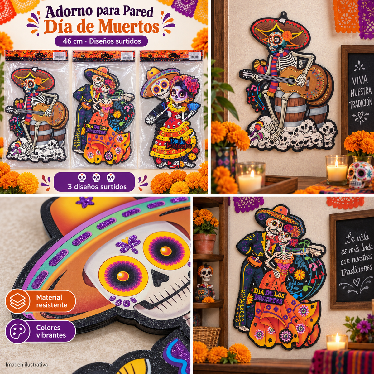 Adorno para pared Día de Muertos 46 cm, diseños surtidos