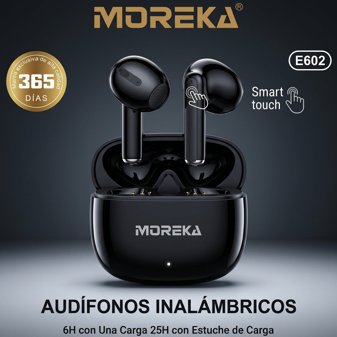 Audífono Inalámbrico Moreka E602 31h con Estuche Cancelación de Ruido Táctil Interruptor Libre