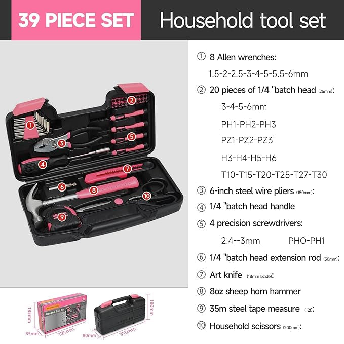 Juego de 39 herramientas para el hogar, reparación universal, kit de herramientas BÁSICO