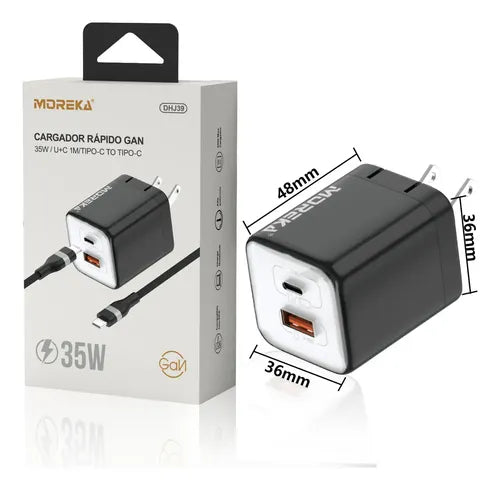 Cargador 35W GaN 5V- 3.1A puertos PD35W max & QC3.0 18W max Clavija plegable Moreka DHJ39 Cable tipo C