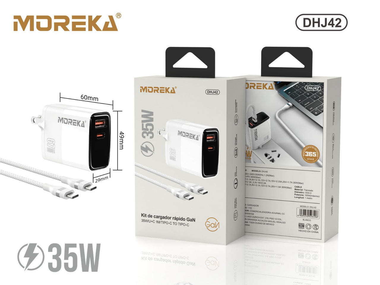 Cargador 35W GaN 5V- 3A 2 Puertos PD 35W max QC3.1 cable tipo C Moreka DHJ42
