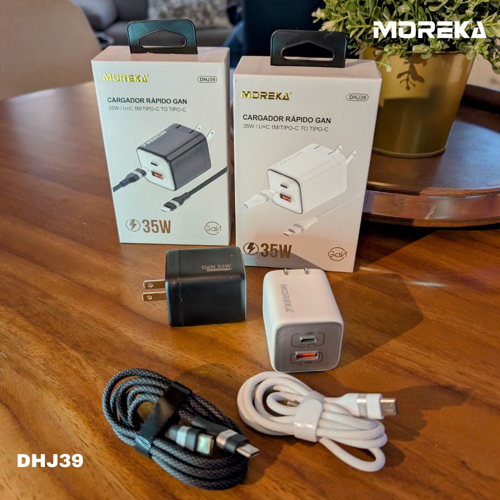 Cargador 35W GaN 5V- 3.1A puertos PD35W max & QC3.0 18W max Clavija plegable Moreka DHJ39 Cable tipo C