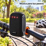 Bocina MOREKA-405 instalada con su soporte en el manubrio de una bicicleta