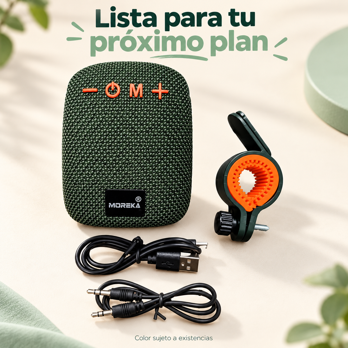 Bocina MOREKA-405 con soporte desmontable, cable de carga y cable auxiliar; color sujeto a existencias