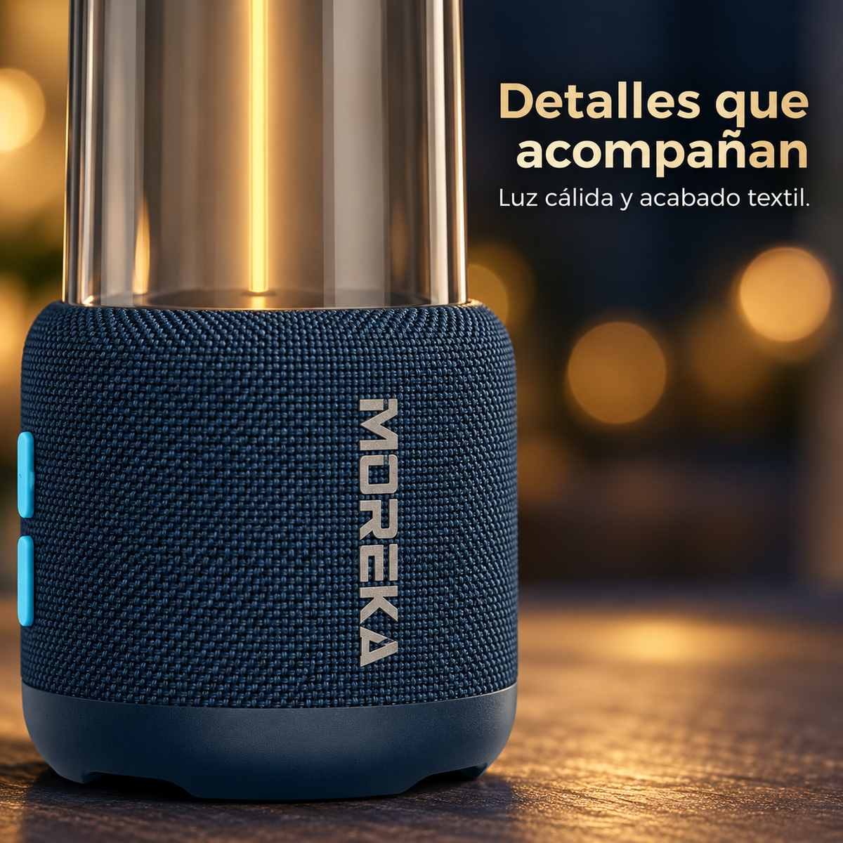 Detalle de la luz cálida, controles y acabado textil de la MOREKA-441