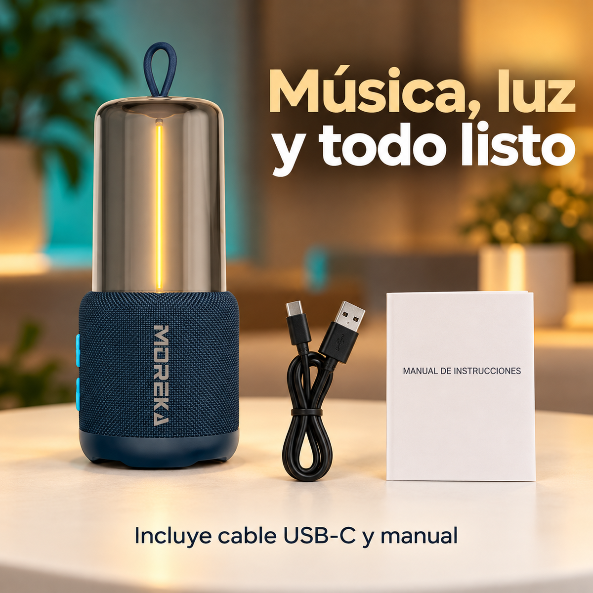 Bocina con lámpara MOREKA-441, cable USB-C y manual de instrucciones