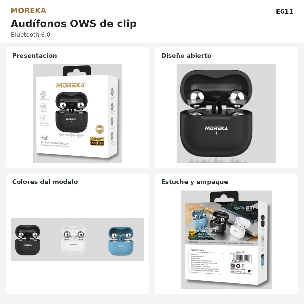 MOREKA E611: collage comercial con fotografías originales del producto, colores y empaque.
