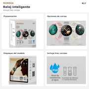 Reloj MOREKA R17: fotografías originales del producto, empaque y correas en collage cuadrado.