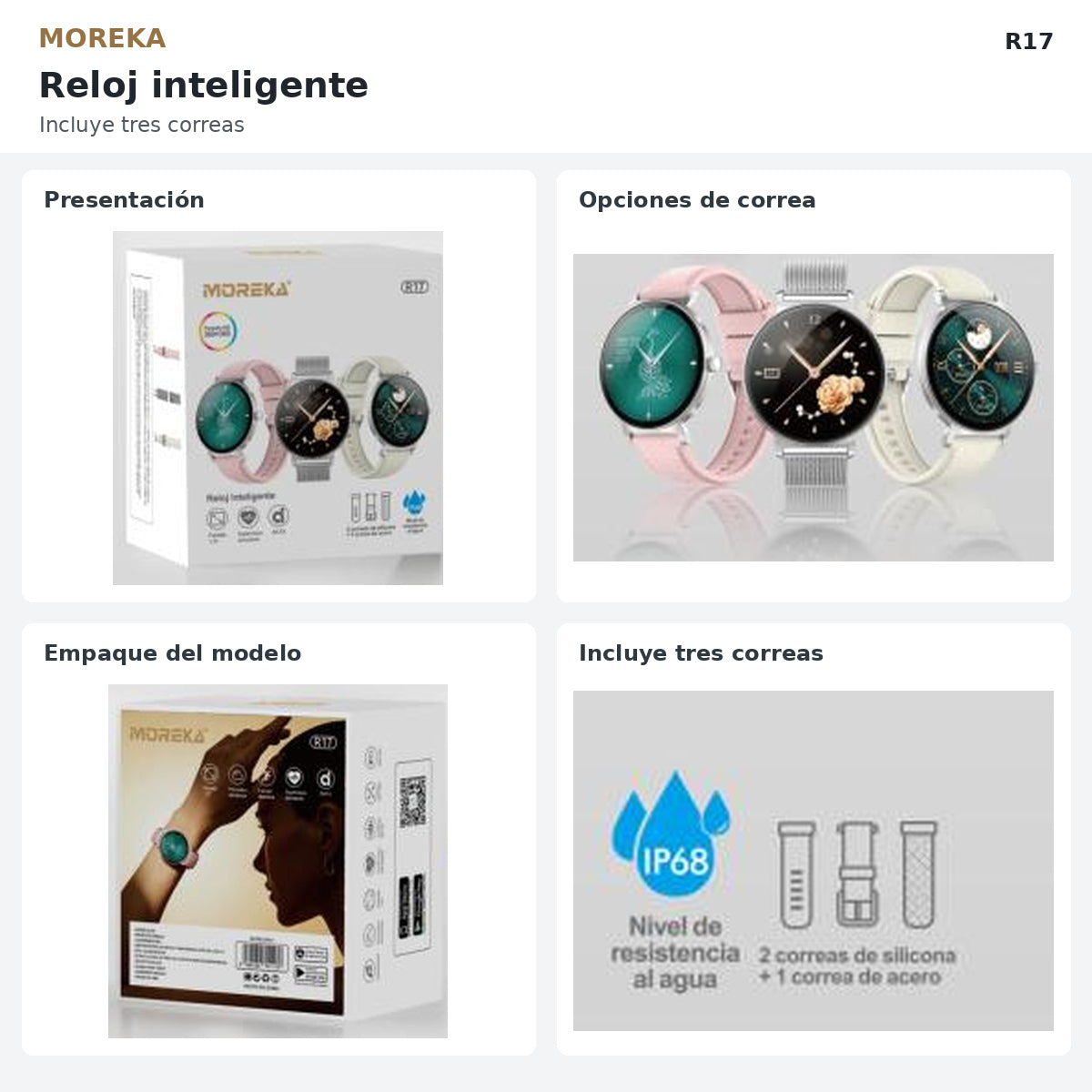 Reloj MOREKA R17: fotografías originales del producto, empaque y correas en collage cuadrado.