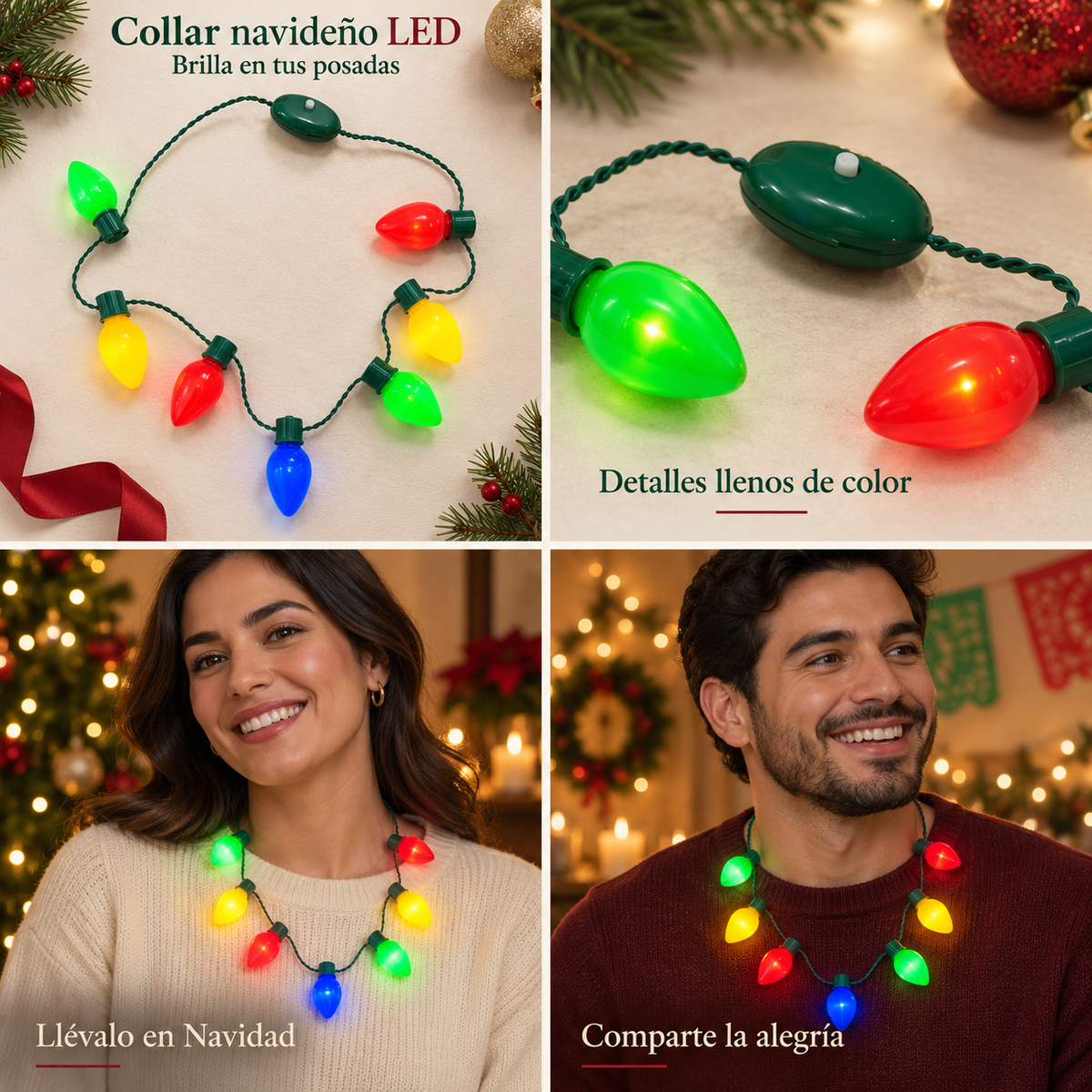 Collar navideño LED SD-2895 con siete focos lisos de colores, cable verde y control ovalado; vista completa, detalle y ejemplos puesto en adultos.