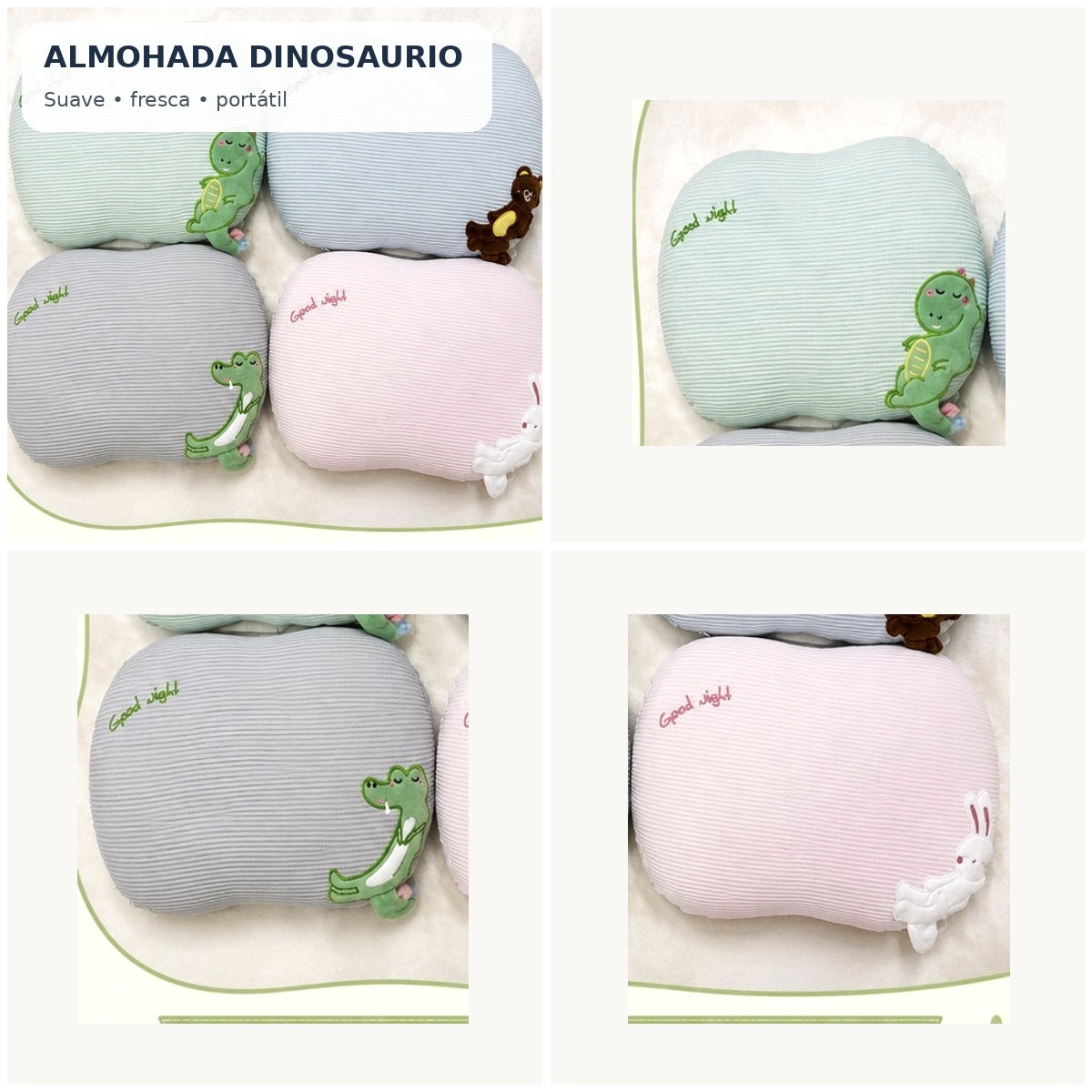 Almohada dinosaurio T-30932 en collage de cuatro vistas