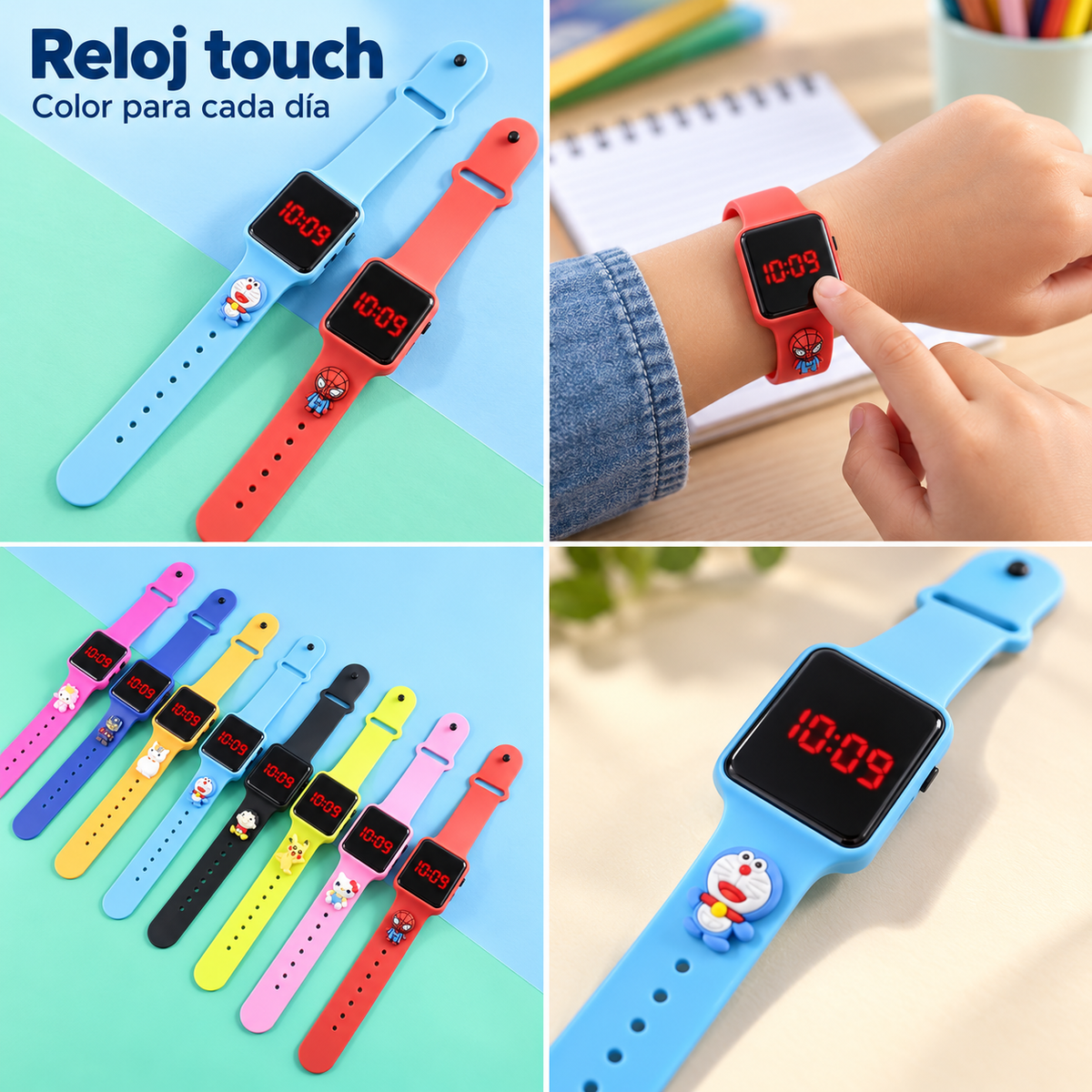 Collage del reloj touch cuadrado W-DD-132 con números rojos, distintos colores, uso en la muñeca y detalles de la correa.