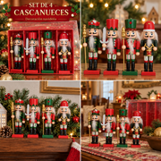 Cuatro cascanueces navideños diferentes sobre sus bases, dentro de caja roja y en escenas decorativas