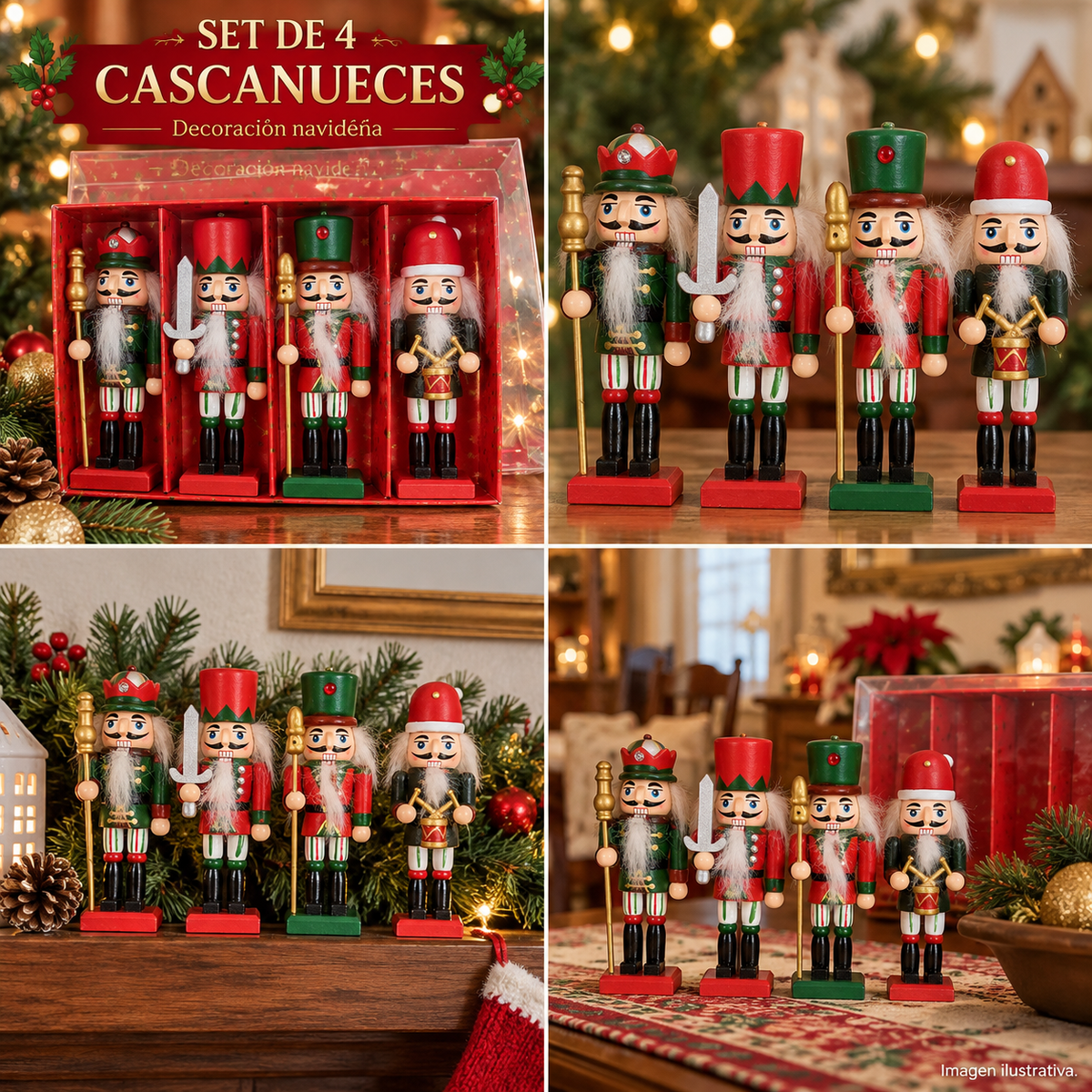 Cuatro cascanueces navideños diferentes sobre sus bases, dentro de caja roja y en escenas decorativas