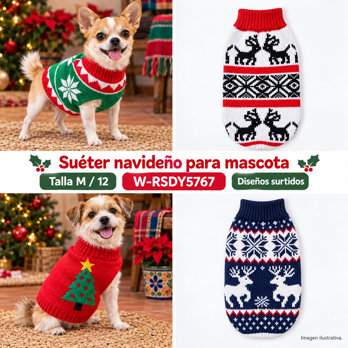 Suéter navideño tejido para mascota talla M / 12 — Imagen ilustrativa