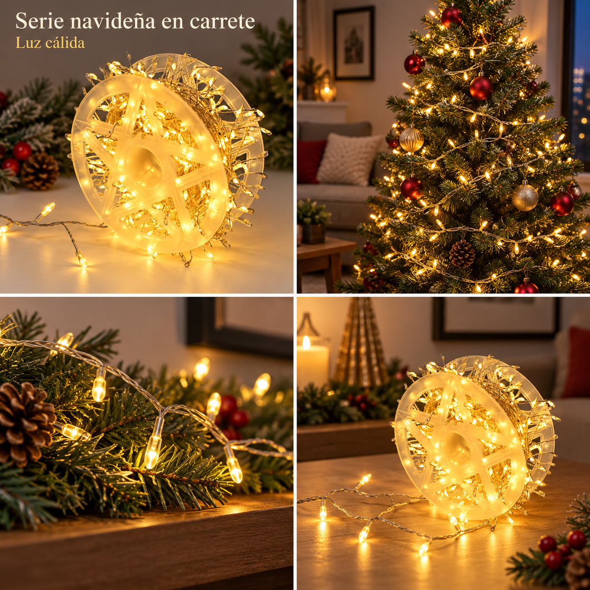 Serie navideña de luz cálida de 20 metros y 600 luces en carrete, con vistas del producto y decoración navideña