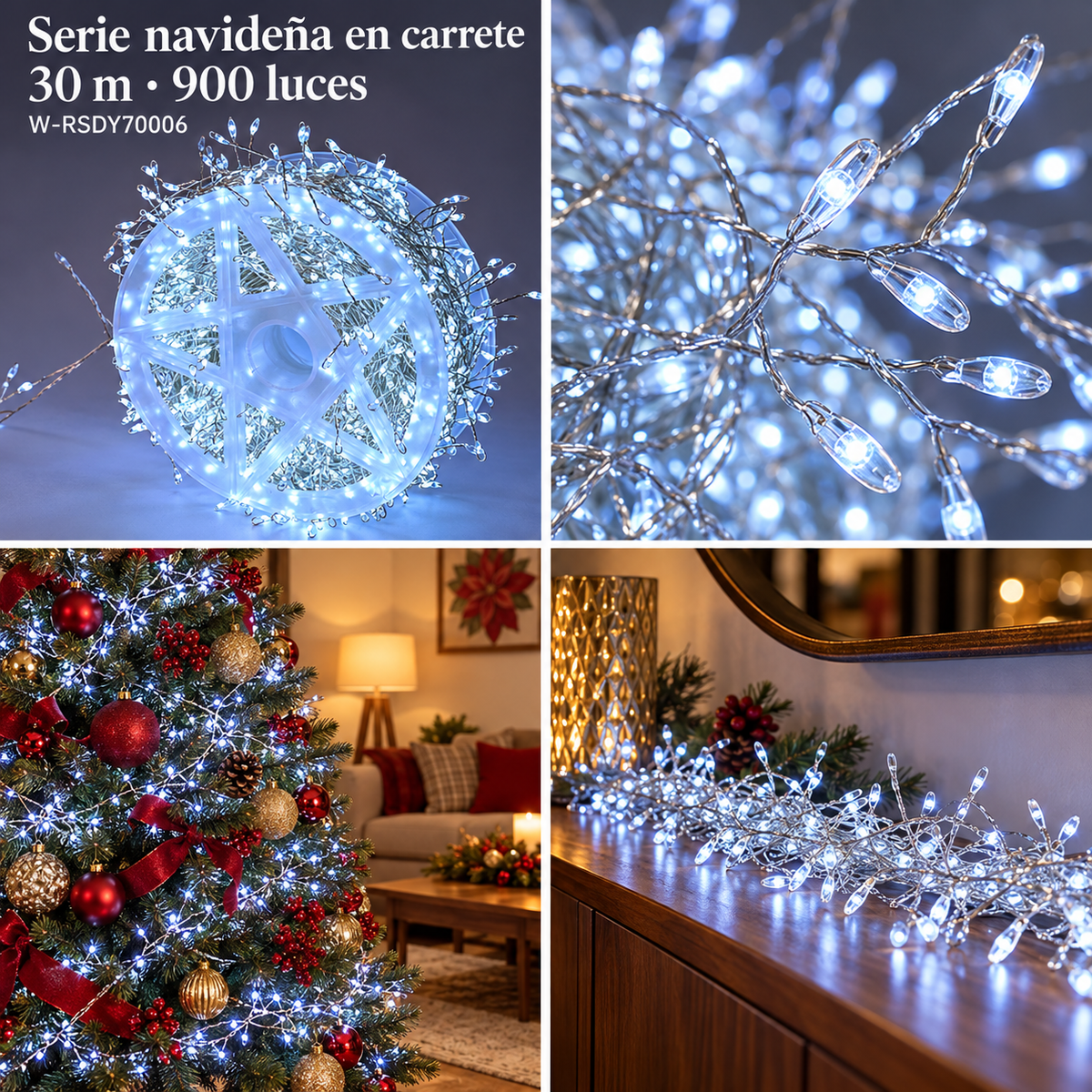 Serie navideña en carrete de 30 m y 900 luces blancas, modelo W-RSDY70006