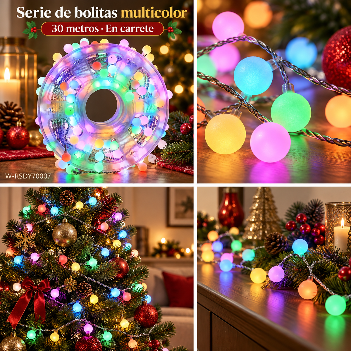 Serie de bolitas multicolor de 30 metros en carrete, modelo W-RSDY70007
