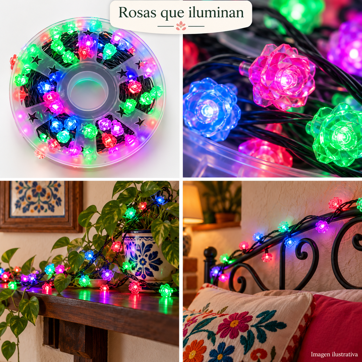 Serie multicolor de rosas, 35 m y 120 luces