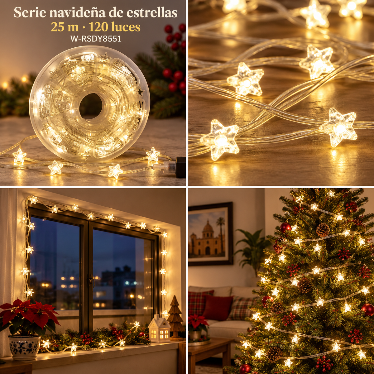 Serie navideña de estrellas W-RSDY8551, 25 metros y 120 luces