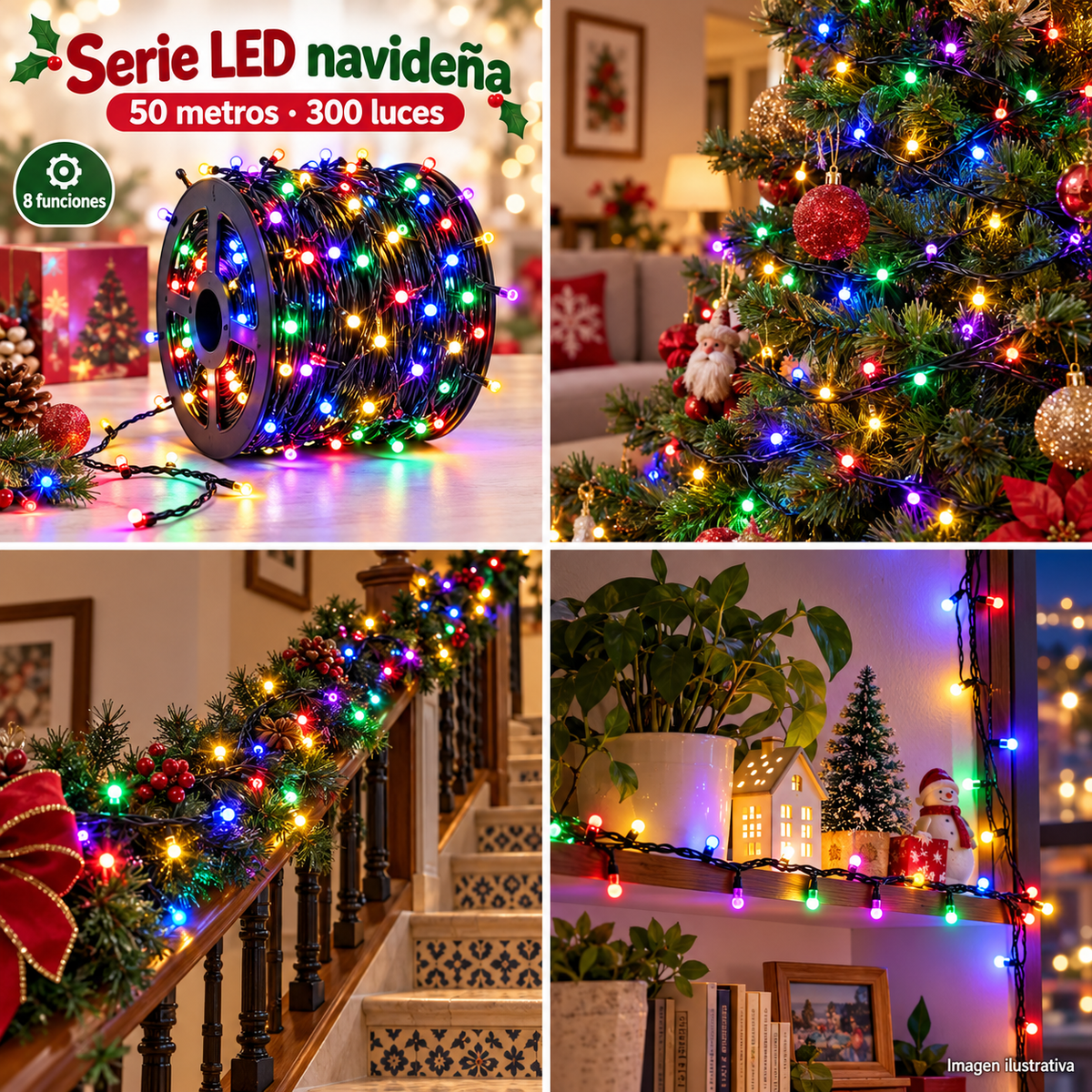Serie LED navideña multicolor de 50 metros y 300 luces