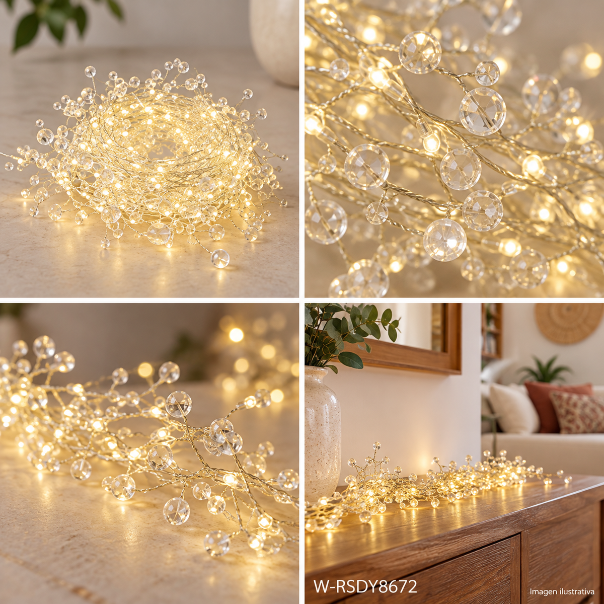 Guirnalda luminosa con cuentas tipo cristal de 3 m y 60 luces — W-RSDY8672 — Imagen ilustrativa