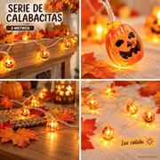 Serie decorativa de calabacitas iluminadas, 3 metros, en ambientación otoñal