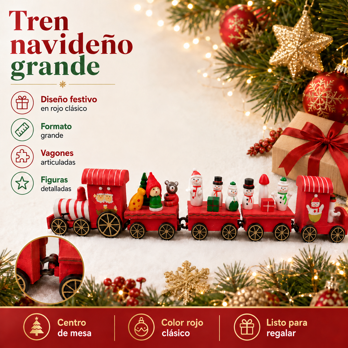 Tren navideño grande rojo con figuras decorativas
