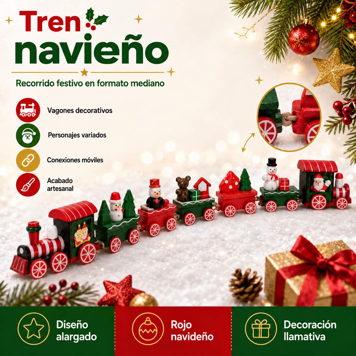 Tren navideño decorativo rojo y verde