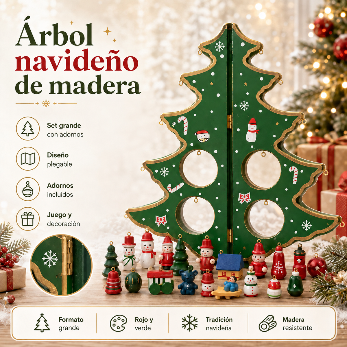 Árbol navideño plegable de madera con adornos