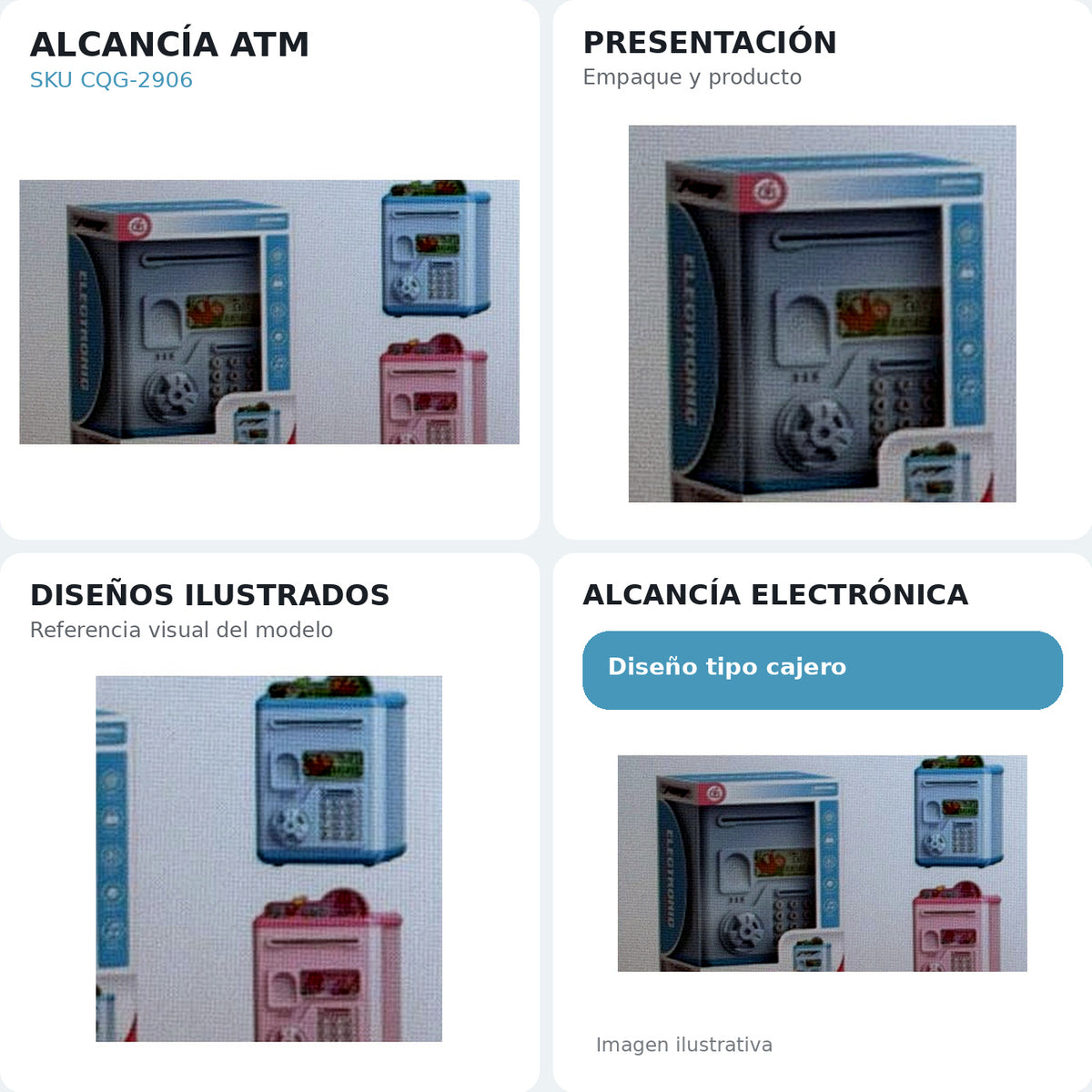 Alcancía electrónica ATM CQG-2906 collage comercial