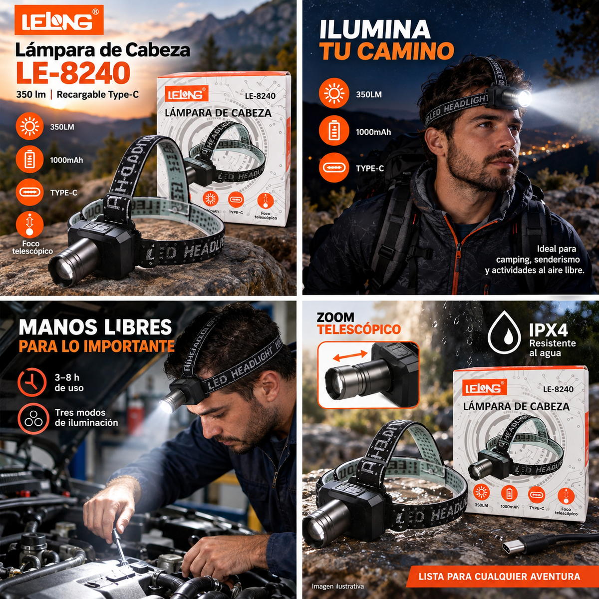 Lámpara de cabeza LELONG LE-8240 collage promocional