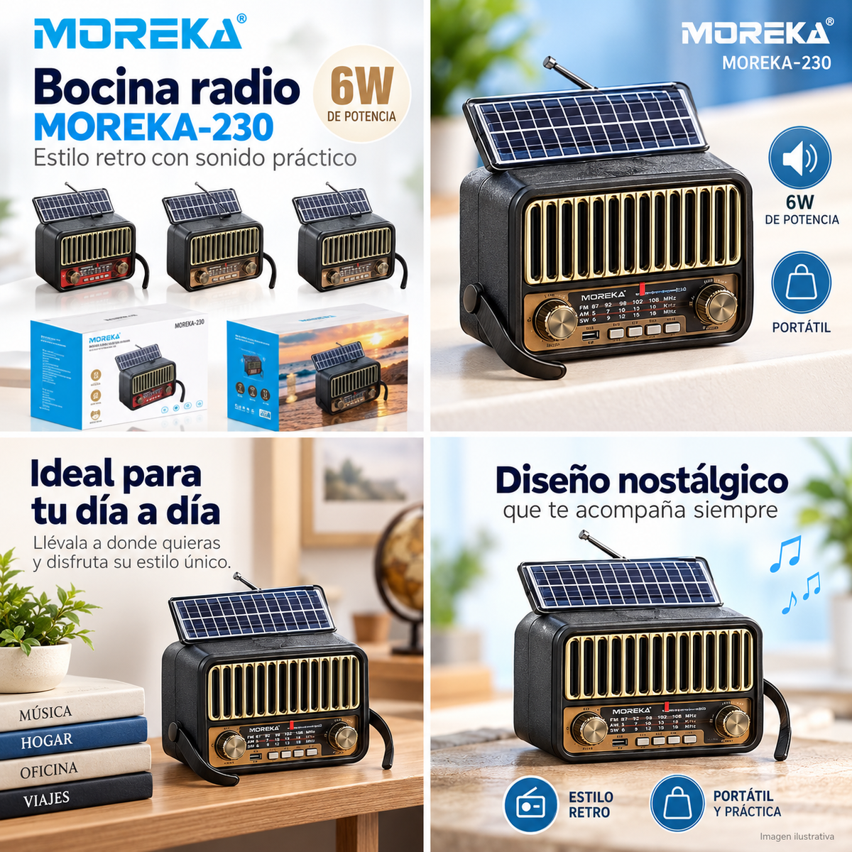 Bocina radio MOREKA-230, collage comercial de cuatro secciones con producto, empaque y detalles.